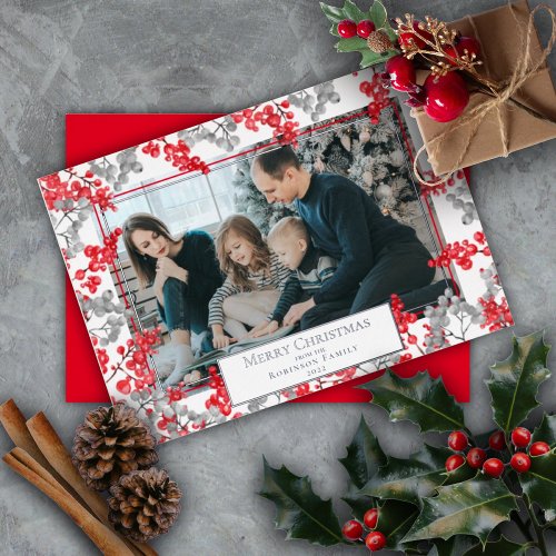 Holly Berries Elegant Merry Christmas Photo Foil H Foil Holiday Card