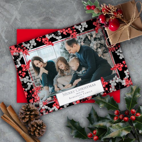 Holly Berries Elegant Merry Christmas Photo Foil Holiday Card