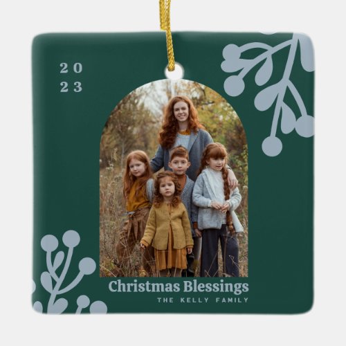 Holly Berries Emerald Christmas Photo Arch Ceramic Ornament