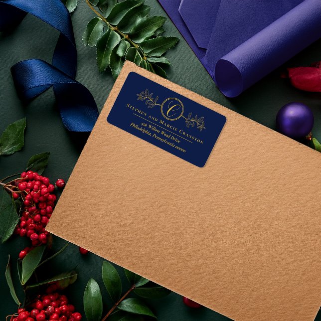 Holly | Berries Faux Gold Monogram Return Address Label (Elegant Holly and Berries Faux Gold Monogram Address Return Address Label - Dk Blue | Gold Tone)