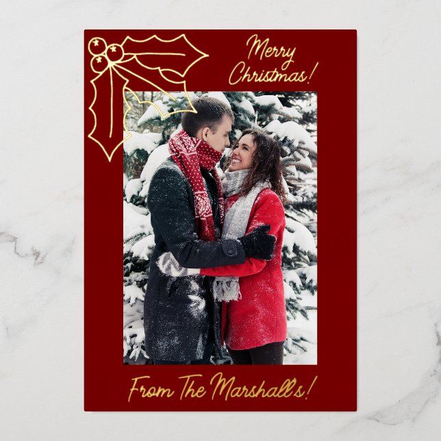 Holly & Berries Festive Red & Gold Christmas Foil Holiday Card (Front)