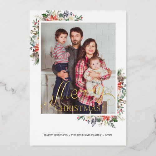 Holly Berries  Floral Frame Photo Year in Review Foil Holiday Card