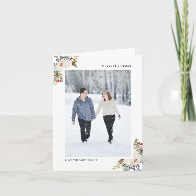 Holly Berries & Floral Season's Greetings 2 Photo Holiday Card (Front)