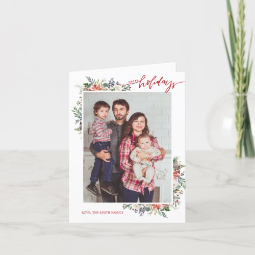 Holly Berries  Floral Seasons Greetings 2 Photo Holiday Card