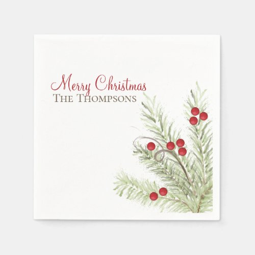 Holly Berries Foliage Pine Greenery Watercolor Napkins