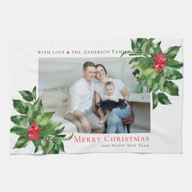 Holly Berries Frame Christmas Personalized Photo Kitchen Towel (Horizontal)