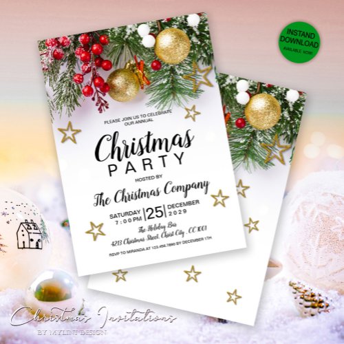 Holly Berries Gold Baubles Stars Christmas Party Invitation