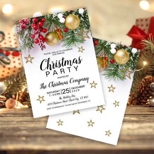 Holly Berries Gold Baubles Stars Christmas Party Invitation