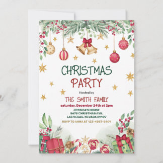 Holly Berries Gold Baubles Stars Christmas Party Invitation