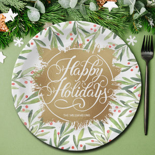 Holly Berries Gold Faux Foil Holiday Paper Plate