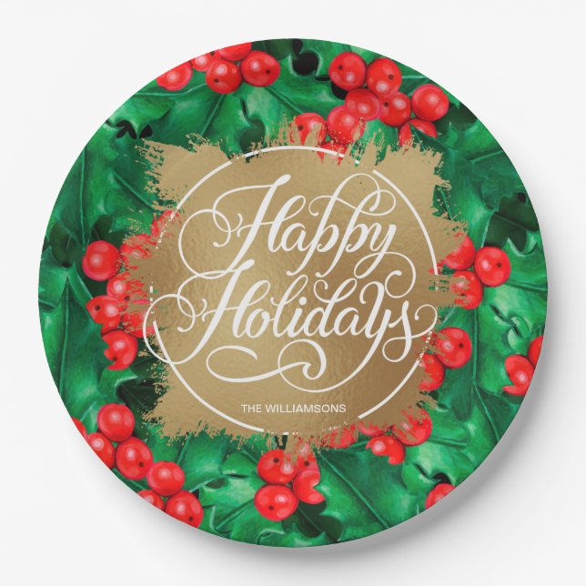 Holly Berries Gold Faux Foil Holiday Paper Plates (Front)