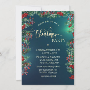 Holly Berries Gold Green Company Christmas Party Invitation
