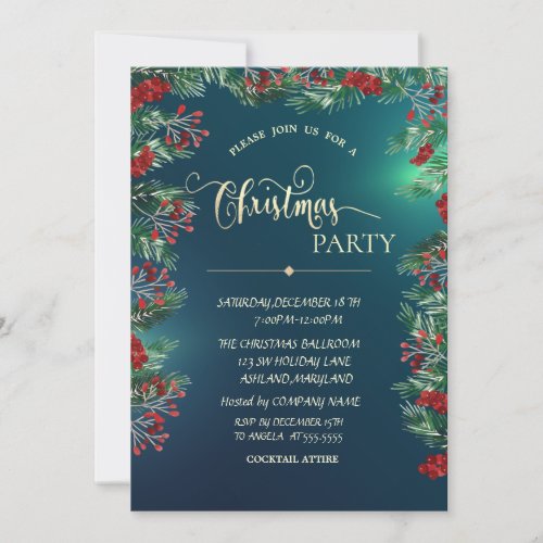 Holly Berries Gold Green Company Christmas Party Invitation
