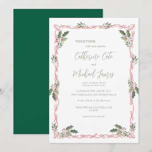 Holly Berries Green Christmas Theme Wedding Invitation