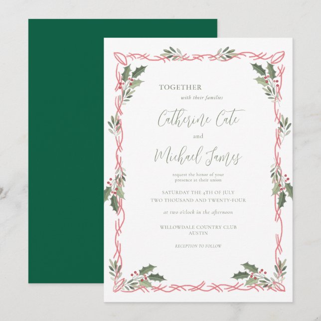 Holly Berries Green Christmas Theme Wedding Invitation (Front/Back)