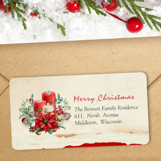 Holly Berries Green Red Poinsettia Return Address Label