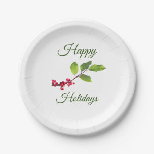 Holly berries happy holidays Christmas Paper Plates