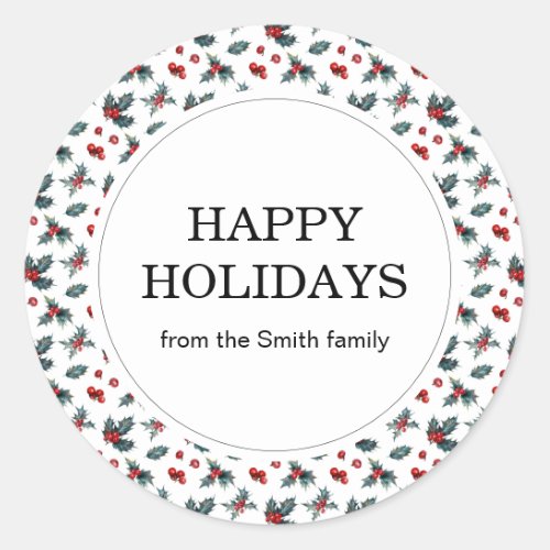 Holly Berries Happy Holidays Family Name Gift   Classic Round Sticker