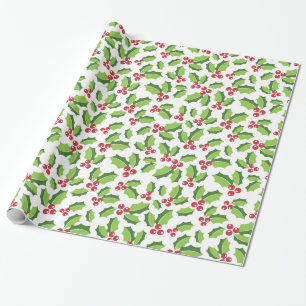 Holly Berries Holly Leaves Mistletoe Holiday Wrapping Paper