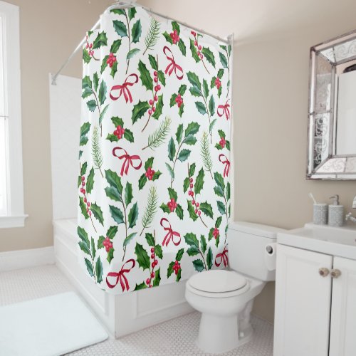 Holly Berries Holly Leaves Mistletoe Holiday Xmas Shower Curtain