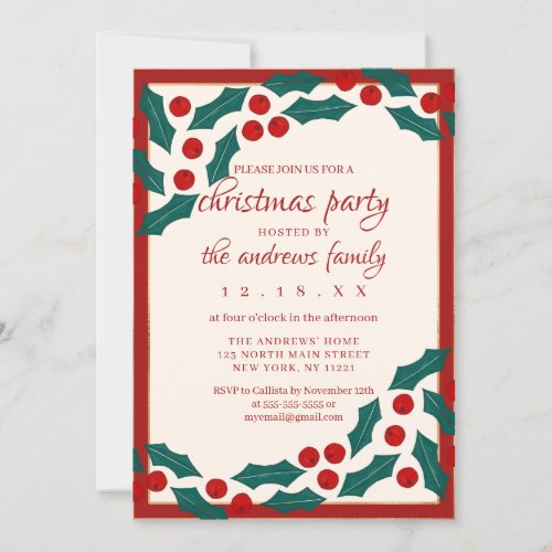 Holly Berries Ivy Leaves Border Christmas Party Invitation