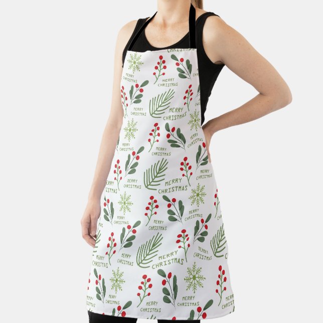 Holly Berries, Leaves, Snowflake Christmas Pattern Apron (Insitu)