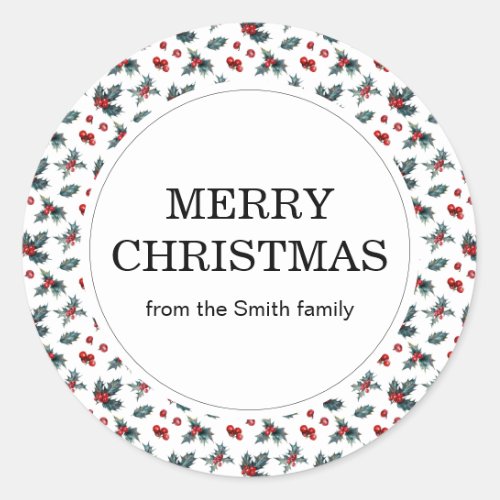 Holly Berries Merry Christmas Family Name Gift  Classic Round Sticker