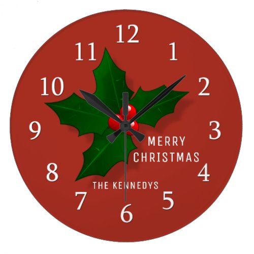 Holly Berries Merry Christmas Family Name Red Large Clock