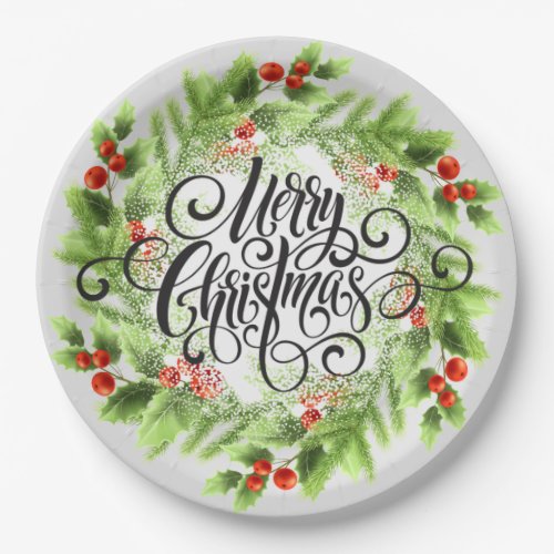 Holly Berries Merry Christmas Paper Plates