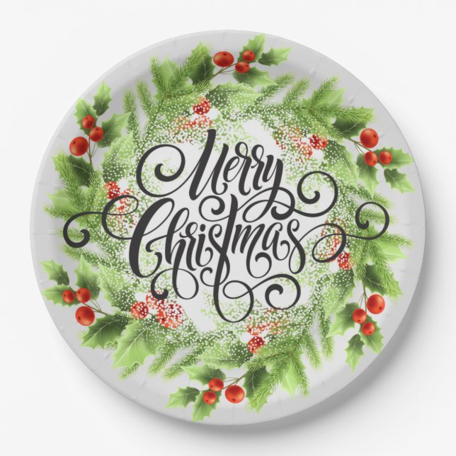 Holly Berries Merry Christmas Paper Plates (Front)