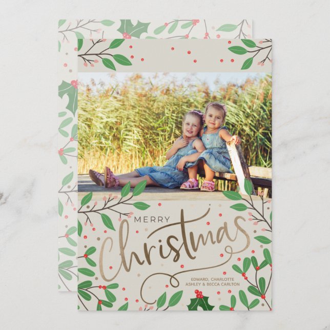 Holly Berries Merry Christmas Photo Holiday Card (Front/Back)