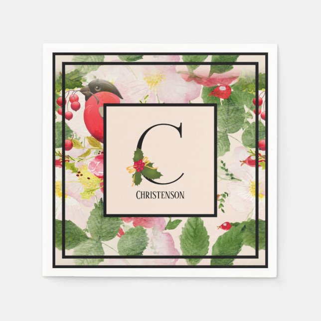 Holly Berries Monogram Letter C Family Name Paper  Napkins (Front)