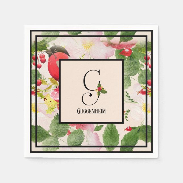 Holly Berries Monogram Letter G Family Name Paper  Napkins (Front)