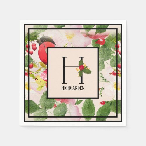 Holly Berries Monogram Letter H Family Name Paper  Napkins