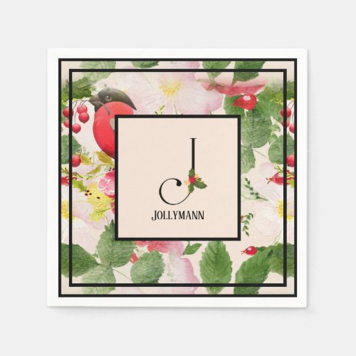 Holly Berries Monogram Letter J Family Name Paper  Napkins