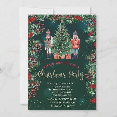 Holly Berries Nutcrackers Green Company Christmas  Invitation