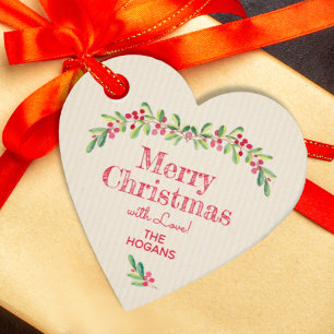 Holly Berries on Ivory Christmas Holiday Heart Favor Tags