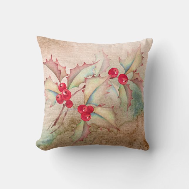Holly Berries on Peach Throw Pillow (Front)