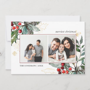 Holly Berries Outlined Christmas 2 photos Holiday Card