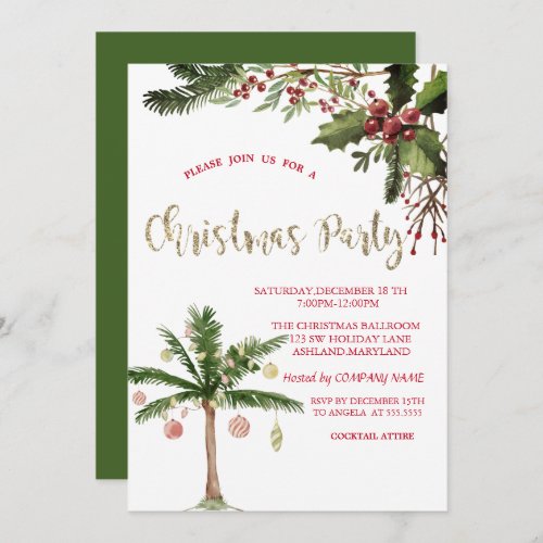  Holly Berries Palm Tree Company Christmas Party  Invitation