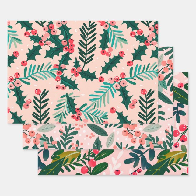 Holly Berries Pattern Wrapping Paper Sheets (Set)