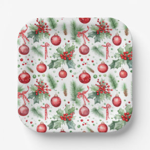 Holly Berries Pine Christmas Red Balls Paper Plates