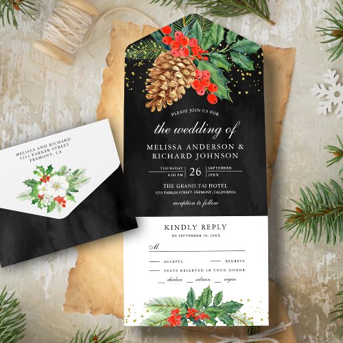 Holly Berries Pine Cone Black Christmas Wedding All In One Invitation