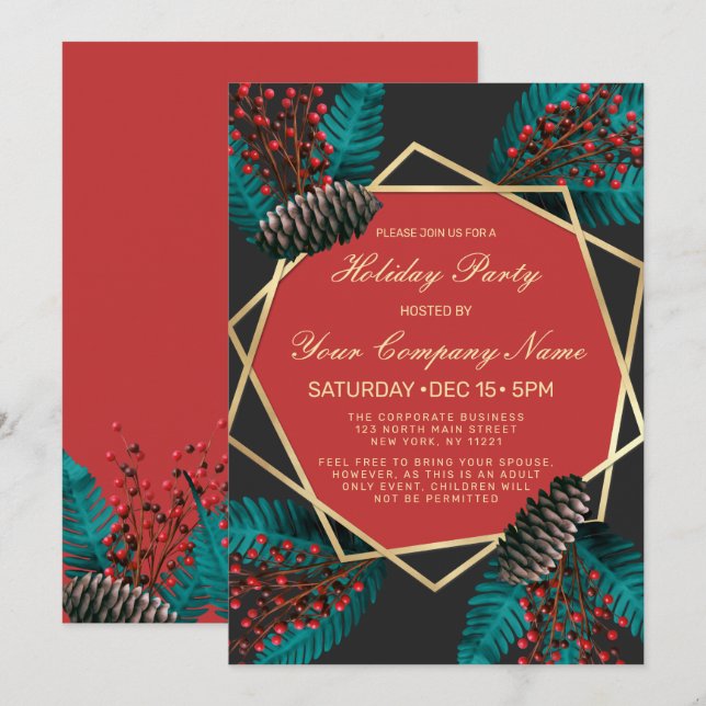 Holly Berries Pine Cone Bouquet Corporate Holiday Invitation (Front/Back)