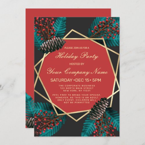 Holly Berries Pine Cone Bouquet Corporate Holiday Invitation