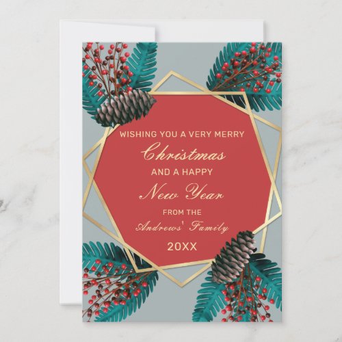 Holly Berries Pine Cone Bouquet Gold Geo Christmas Holiday Card