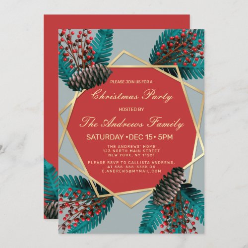 Holly Berries Pine Cone Bouquet Gold Geo Christmas Invitation