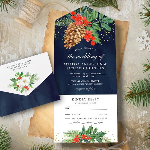 Holly Berries Pine Cone Navy Christmas Wedding All In One Invitation