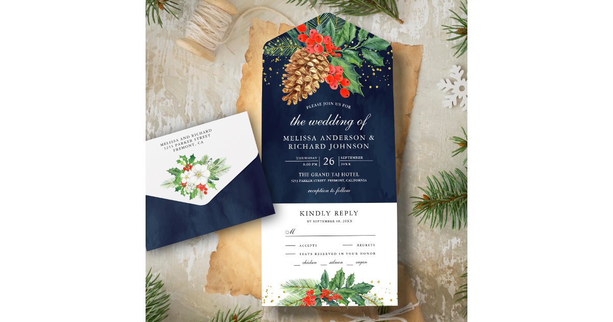 Holly Berries Pine Cone Navy Christmas Wedding All In One Invitation ...