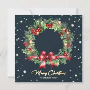 Holly Berries Pine Cones Wreath Photo Holiday Card